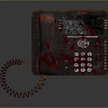 Red Electronic Telephone With Blood Stains Screen Showing CALL 911 Numeric Keypad And Coiled Cord