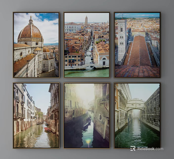 Scenic Italian City Landscapes with Canals Gondolas Red Rooftops and Dome Architecture 3d model 
