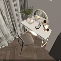 White Dressing Table With Round Mirror Beige Chair Cosmetics Vase And Green Plant