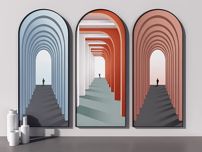 Abstract Wall Art Set With Arched Corridors Blue Orange Red Tones And Single Figure 3d model