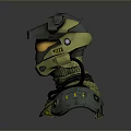 Futuristic Armored Weapon Helmet 3D Model Featuring Sci Fi Tactical Design and Green Gray Color