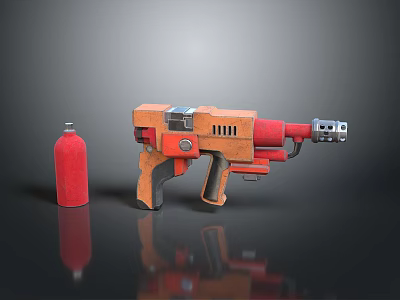 Orange Red Sci Fi Weapon With Vintage Industrial Design Mechanical Handle And Gas Cylinder 3d model