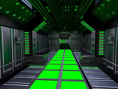 Cartoon Scene Of Sci Fi Corridor With Green Lights Metal Walls Glowing Floor And Railings 3d model