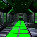 Cartoon Scene Of Sci Fi Corridor With Green Lights Metal Walls Glowing Floor And Railings