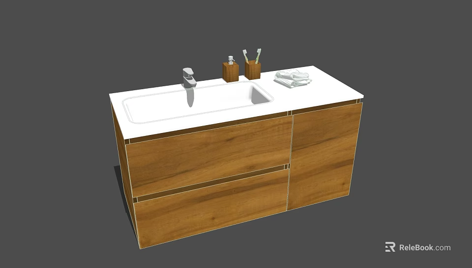 Stylish Bathroom Vanity With Wooden Cabinet And White Countertop Faucet Toiletries And Towel 3d model 