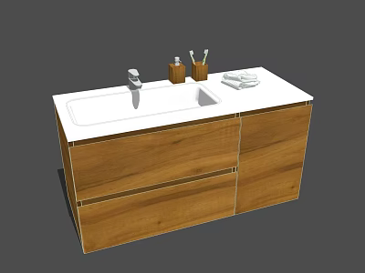 Stylish Bathroom Vanity With Wooden Cabinet And White Countertop Faucet Toiletries And Towel 3d model