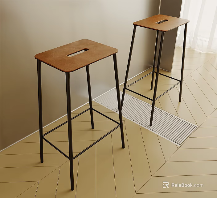 Modern Bar Stools With Brown Wooden Seat And Black Metal Frame On Light Wood Floor 3d model 