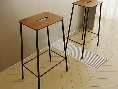 Modern Bar Stools With Brown Wooden Seat And Black Metal Frame On Light Wood Floor 3d model