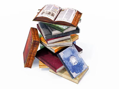 Stack of Colorful Books With Open Pages And Various Cover Designs 3d model