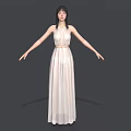 Elegant Woman In White Long Dress With Arms Outstretched On Gray Background