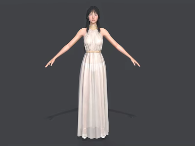 Elegant Woman In White Long Dress With Arms Outstretched On Gray Background 3d model