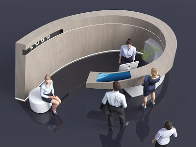 Modern Curved Reception Background Wall With Logo Staff Visitors And Plant In Office Lobby 3d model