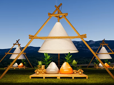 Scenic Mountain View Camping Campsite With Triangular Wooden Tents And Green Plants 3d model