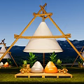 Scenic Mountain View Camping Campsite With Triangular Wooden Tents And Green Plants