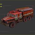 Red Vintage Fire Truck With Roof Ladder And Multi Wheel Design On Dark Reflective Background