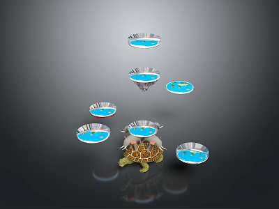 Reptile Turtle Surrounded by Floating Metal Bowls with Water and Small Fish 3d model