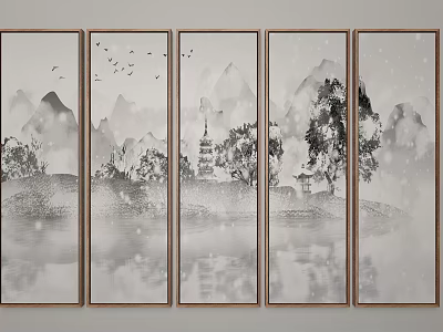 Chinese Ink Landscape Paintings With Mountain Pagoda Trees Birds And Water Reflection In Wooden Frames 3d model