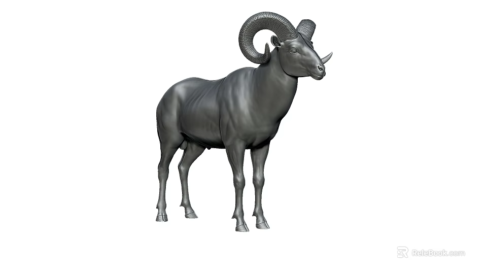 Realistic Gray Ram 3D Model With Large Curved Horns In Standing Pose 3d model 