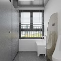 Modern Public Restroom Interior With Clean Stalls Urinal Sink And City View Window Blinds
