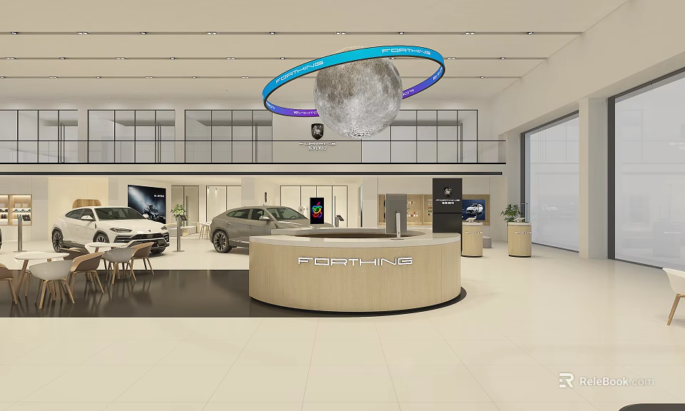 Spacious Car Showroom Interior Featuring FORTHING Reception Desk And Circular Moon Light Decor 3d model