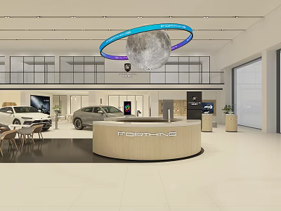 Spacious Car Showroom Interior Featuring FORTHING Reception Desk And Circular Moon Light Decor 3d model