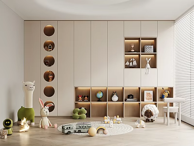 Modern Kids Playroom With Toys And Built In Storage Cabinets 3d model