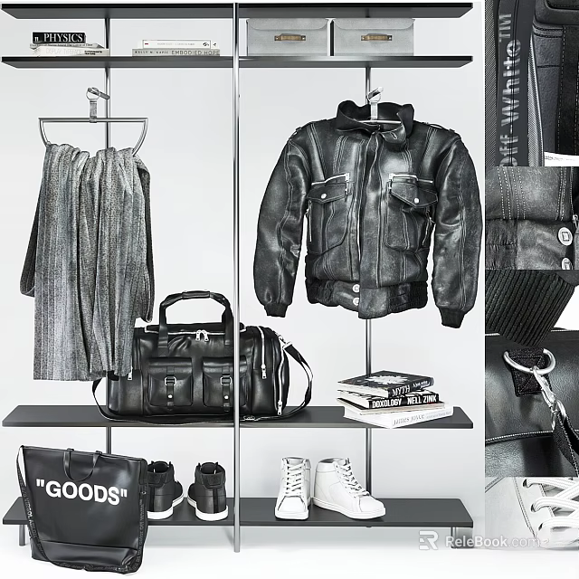 Fashion Clothes Displayed Black Leather Jacket Silver Pleated Skirt Black Handbag White Sneakers on Shelf 3d model 