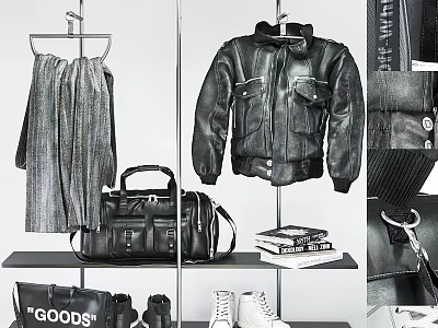 Fashion Clothes Displayed Black Leather Jacket Silver Pleated Skirt Black Handbag White Sneakers on Shelf 3d model