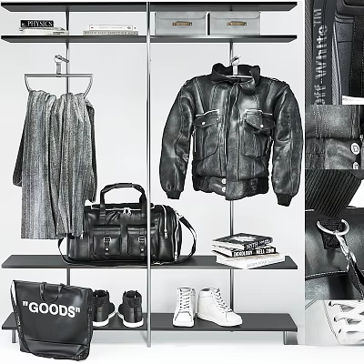 Fashion Clothes Displayed Black Leather Jacket Silver Pleated Skirt Black Handbag White Sneakers on Shelf 3d model