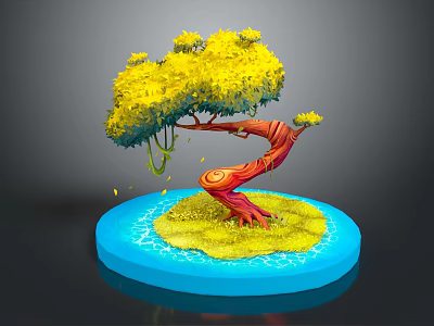 Vibrant Cartoon Scene With Unique Red Orange Tree Yellow Leaves Green Grass And Blue Water 3d model