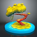 Vibrant Cartoon Scene With Unique Red Orange Tree Yellow Leaves Green Grass And Blue Water