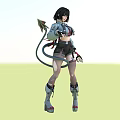 Futuristic Woman In Combat Outfit With Mechanical Tail Holding Weapon Boots And Gloves