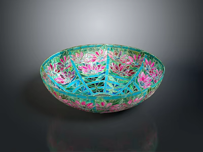 Intricate Carved Bowl Sculpture With Turquoise Pink Floral Patterns And Artistic Design 3d model