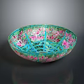 Intricate Carved Bowl Sculpture With Turquoise Pink Floral Patterns And Artistic Design