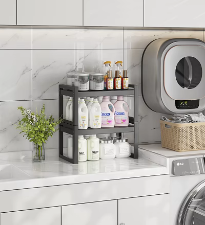 Multi Layer Storage Shelf in Laundry Room Organizing Laundry Supplies Next to Washing Machine 3d model