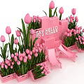 Pink Tulip Flower Displays in Wooden Planters with Deck Chairs and Hello Sign