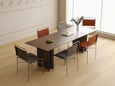 Modern Long Dining Table with Six Black and Brown Chairs Plant and Book on Top 3d model