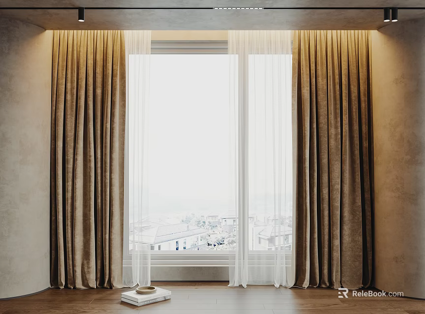 Warm Beige Curtains With Sheer Panels For Large Window In Modern Room With City View 3d model 