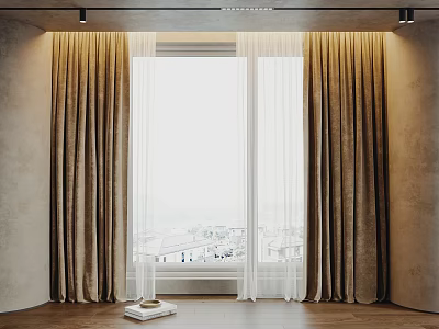 Warm Beige Curtains With Sheer Panels For Large Window In Modern Room With City View 3d model