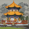 Ancient Chinese Architecture With Multi tiered Golden Roof Red Railings Stone Lions Surrounded By Trees
