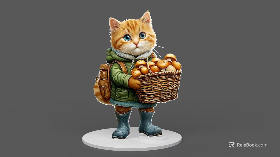 Cute Orange Kitten In Green Coat With Backpack And Mushroom Basket On White Base 3d model 