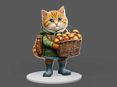 Cute Orange Kitten In Green Coat With Backpack And Mushroom Basket On White Base 3d model