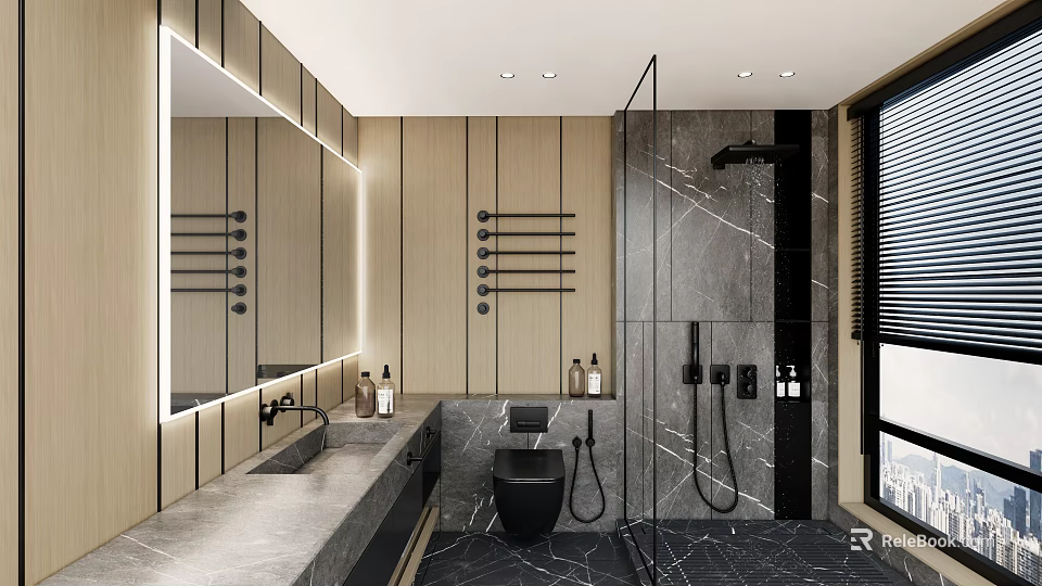 Modern Bathroom Interior With Marble Walls Large Mirror Wooden Vanity And Shower Area 3d model 