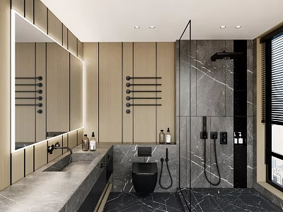 Modern Bathroom Interior With Marble Walls Large Mirror Wooden Vanity And Shower Area 3d model