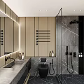Modern Bathroom Interior With Marble Walls Large Mirror Wooden Vanity And Shower Area