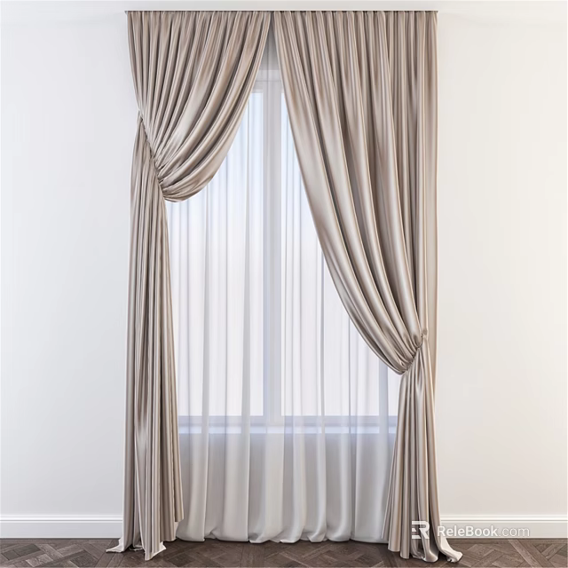 Elegant Beige Curtains With Sheer Layers Tied Back For Modern Window Decor 3d model 