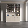 Modern Beige Console Side Cabinet With Storage Shelves Drawers And Green Plant