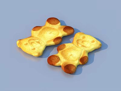 Two Bear Shaped Cookies With Yellow Surface And Smiley Face On Blue Background 3d model