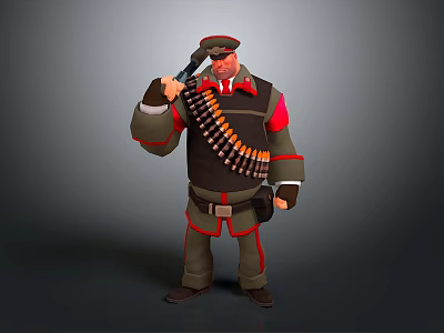 3D Military Character In Uniform Holding Gun With Bullet Belt And Red Green Accents 3d model