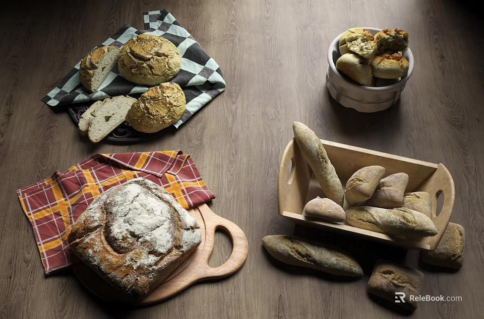 Various Types Of Homemade Artisanal Bread Displayed On Wooden Board Basket And Checkered Cloth 3d model 